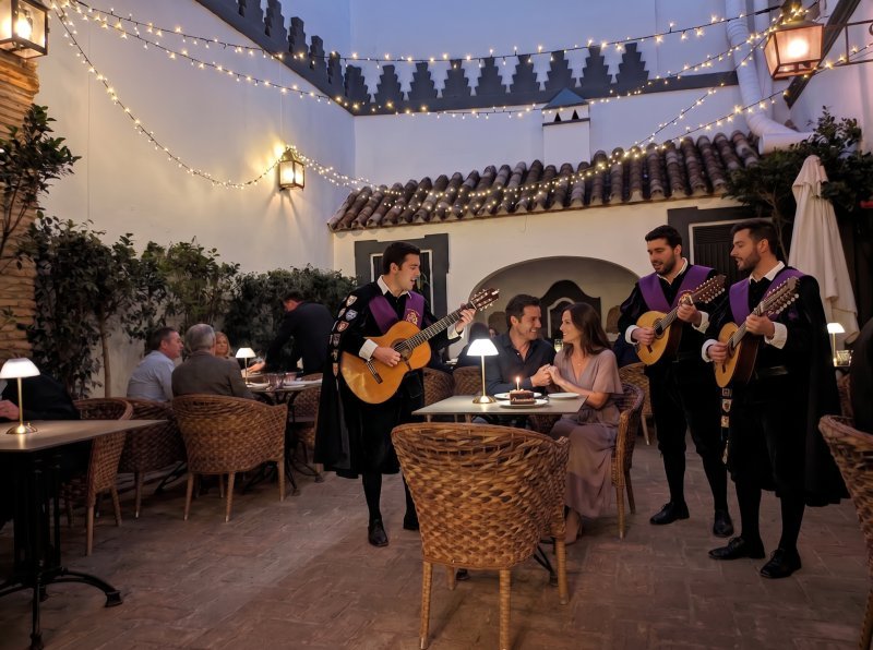 Tuna universitaria cantando en un cumpleaños en el restaurante La Quinta Brasería de Sevilla