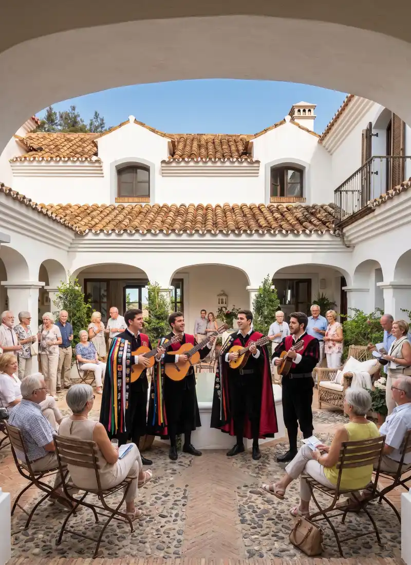 Tuna universitaria cantando a turistas en un cortijo de Marbella, Málaga